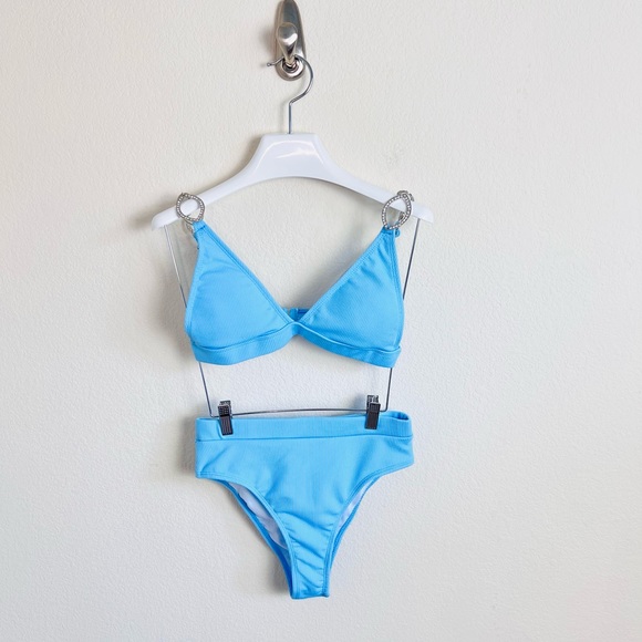 Dolls Kill Other - Baby Blue High Waist Rhinestone Embellished Bikini Set